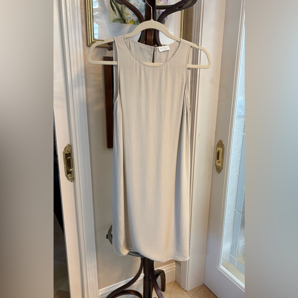 GUC Brunello Cucinelli-Acetate & Silk Elegant Light Tan Sleeveless Dress. Size M